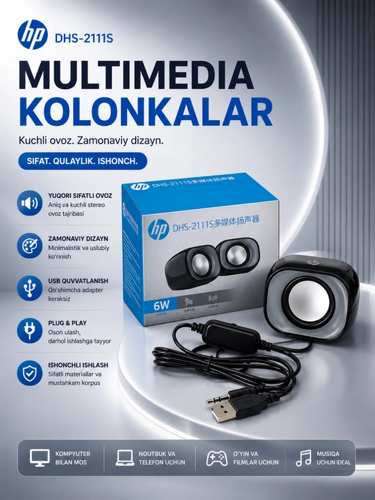 HP DHS-2111 multimedia kolonka – kuchli va tiniq stereo tovush - 