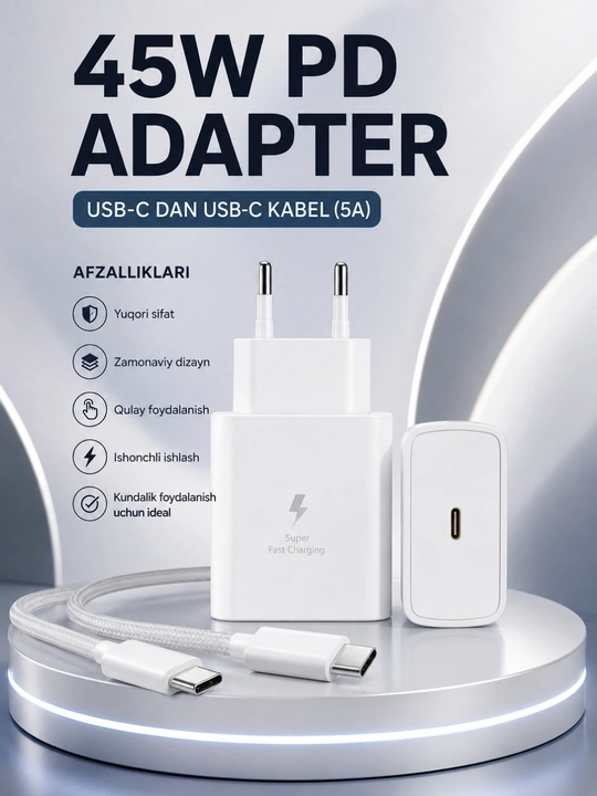 45W PD Tezkor Zaryadlovchi Adapter – USB-C 5A Kabel bilan Fast Charge Komplekti - 