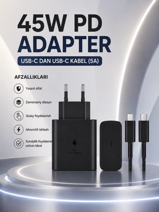 45W PD Tezkor Zaryadlovchi Adapter – USB-C 5A Kabel bilan Fast Charge Komplekti - 