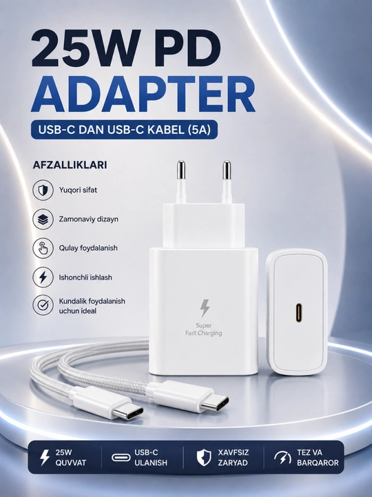25W PD Tezkor Zaryadlovchi Adapter – USB-C 5A Kabel bilan Fast Charge Komplekti - 