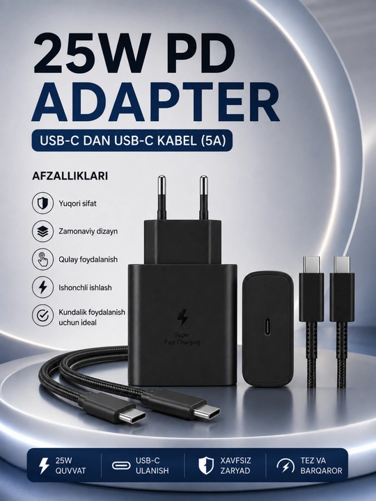25W PD Tezkor Zaryadlovchi Adapter – USB-C 5A Kabel bilan Fast Charge Komplekti - 