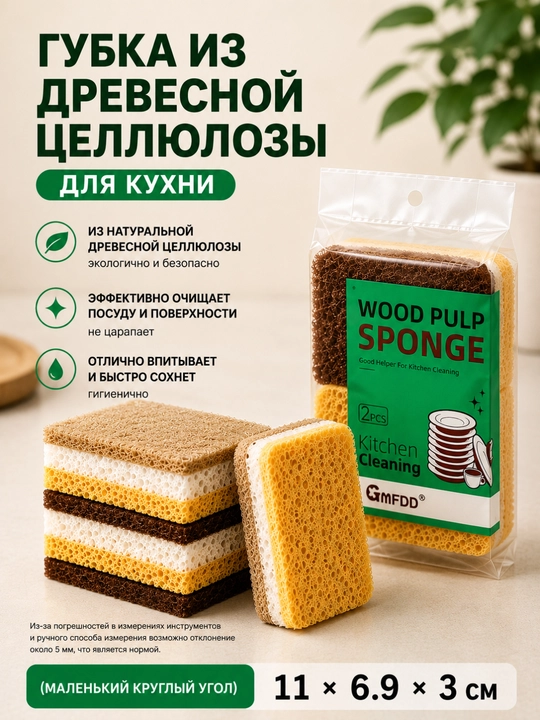 Набор кухонных губок из древесной целлюлозы, 2 шт., экологичные, для мытья посуды - 
