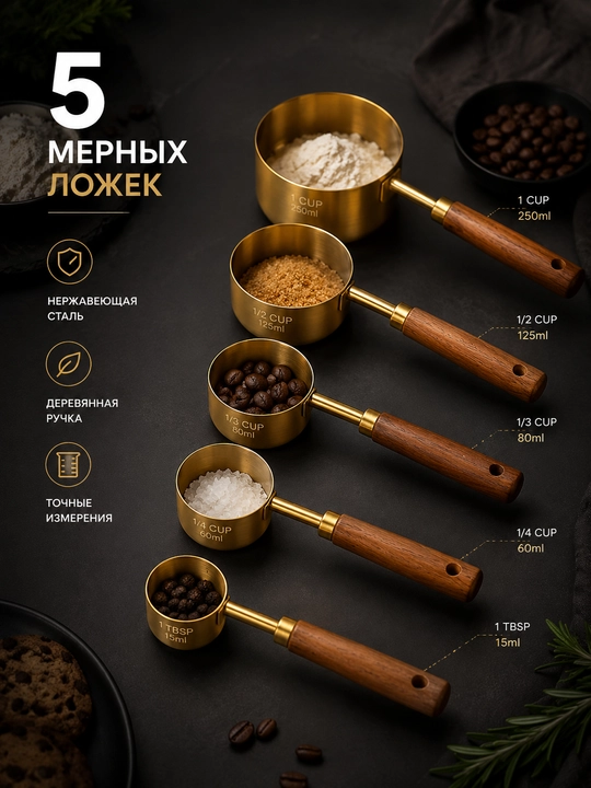 Набор мерных ложек золотые с деревянными ручками для специй и выпечки - 