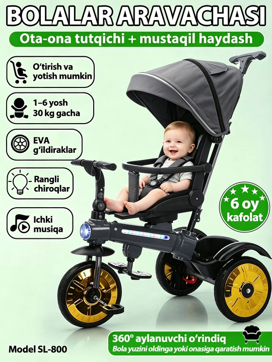 Bolalar aravachasi uch g‘ildirakli velosiped, 2 tasi 1 da, SL922, 360° buriluvchi o‘rindiq