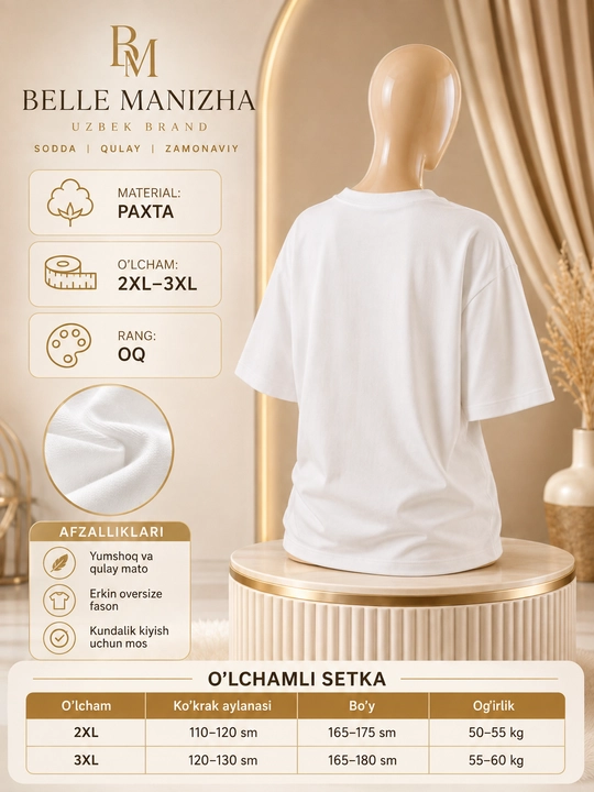 Ayollar oversize futbolkasi, paxtali futbolka, oq futbolka, super mom futbolka, casual