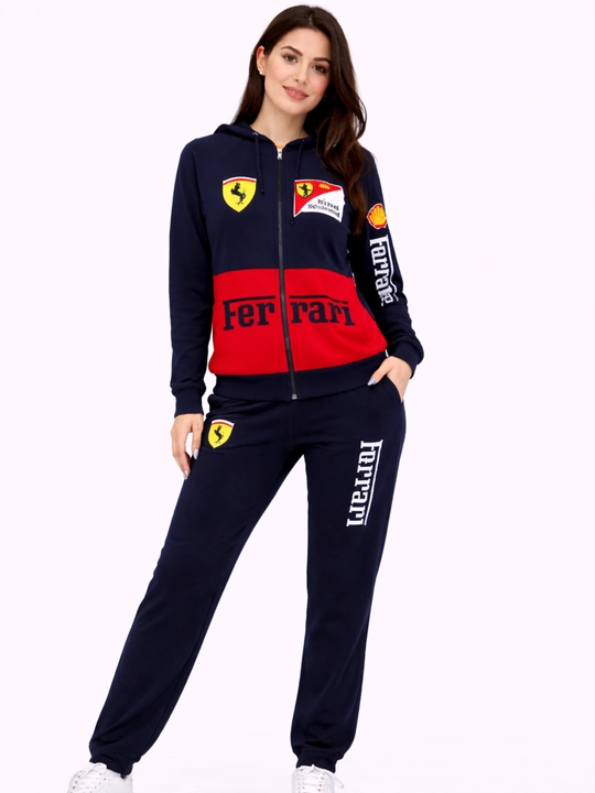 Женский спортивный костюм в стиле Ferrari с капюшоном повседневный комплект - 