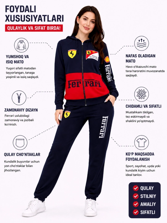 Ferrari uslubidagi ayollar sport kostyumi kapyushonli kundalik trening komplekti