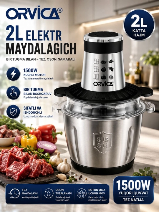 Elektr maydalagich ORVICA ORM-7912-3, oziq-ovqat maydalagichi, 2000W, 2L