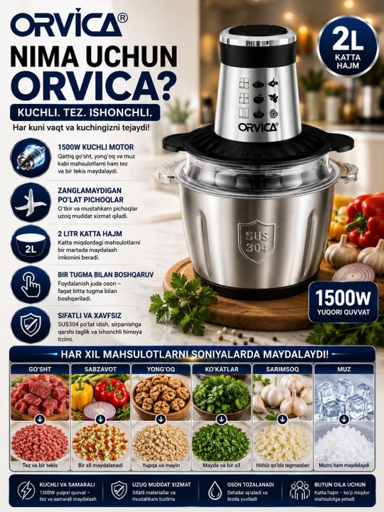 Elektr maydalagich ORVICA ORM-7912-3, oziq-ovqat maydalagichi, 2000W, 2L