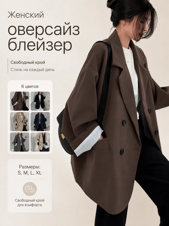 Ayollar uchun oversayz pidjak-bleyzer, ikki bortli, erkin bichim, S–XL - 