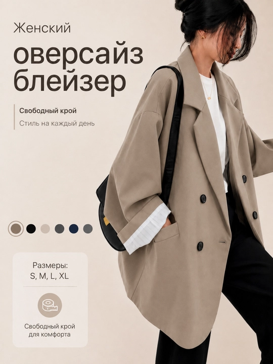 Ayollar uchun oversayz pidjak-bleyzer, ikki bortli, erkin bichim, S–XL - 