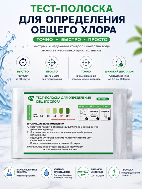 Экспресс тест на общий хлор в воде 0.0–60.0 ppm - 