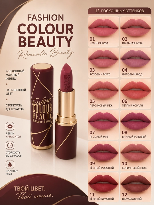Помада для губ, матовая, стойкая, Romantic Beauty