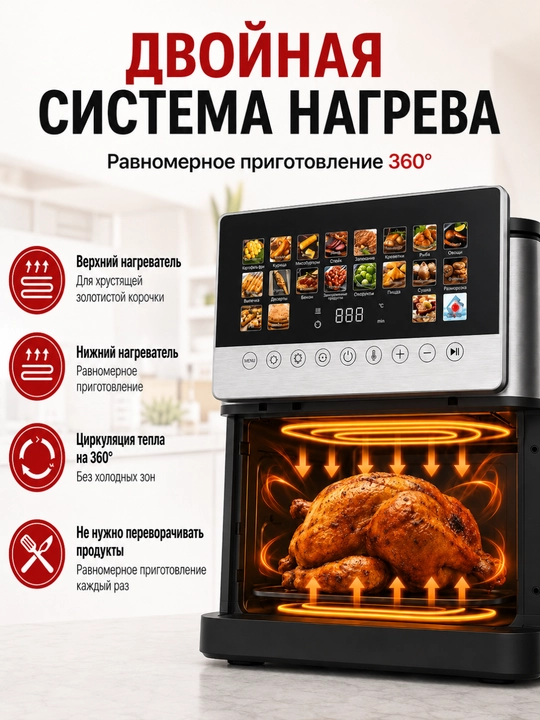 Аэрогриль, фритюрница для готовки без масла 8,5 литр, 20 программ, 2100вт для ПП кухни