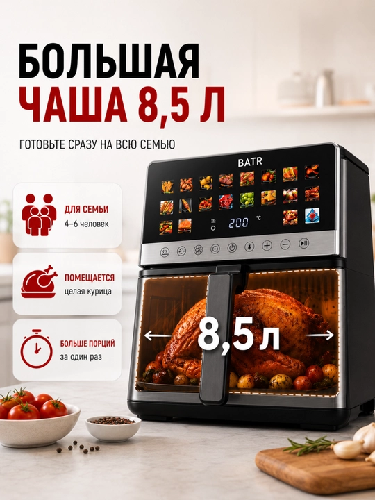 Аэрогриль, фритюрница для готовки без масла 8,5 литр, 20 программ, 2100вт для ПП кухни