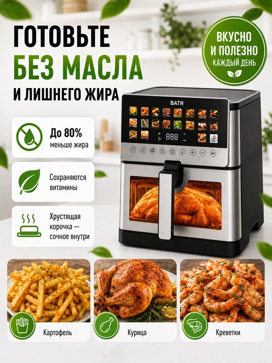 Аэрогриль, фритюрница для готовки без масла 8,5 литр, 20 программ, 2100вт для ПП кухни