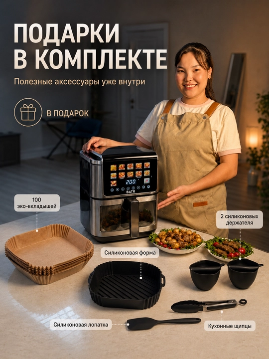 Aerogril yog‘siz pishirish uchun qovurgich 8,5 litrli elektr pech, 20 dasturli, 2100v