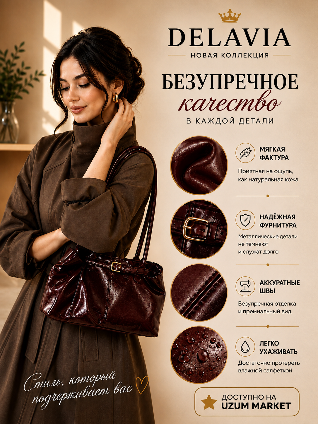 Katta ayollar sumkasi, yelkaga osiladigan eko charm