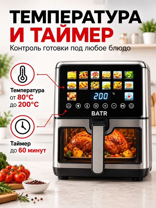 Aerogril yog‘siz pishirish uchun qovurgich 8,5 litrli elektr pech, 20 dasturli, 2100v