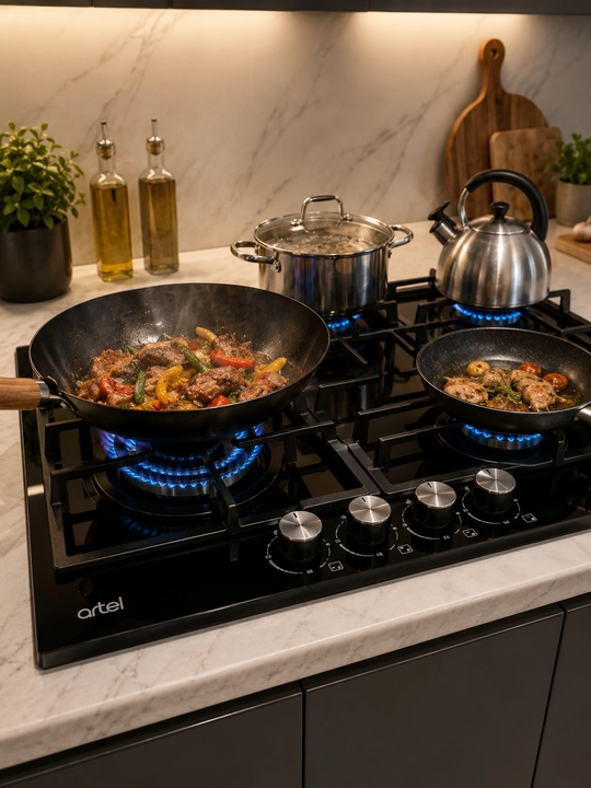 Газовая варочная панель ARTEL A64-1730, 4 конфорки, WOK-конфорка, черное стекло