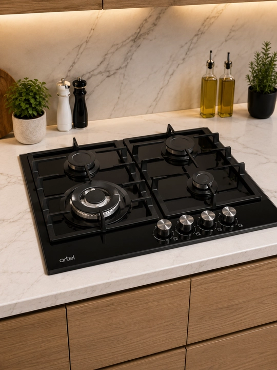 Газовая варочная панель ARTEL A64-1730, 4 конфорки, WOK-конфорка, черное стекло