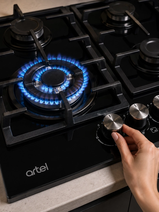 Газовая варочная панель ARTEL A64-1730, 4 конфорки, WOK-конфорка, черное стекло