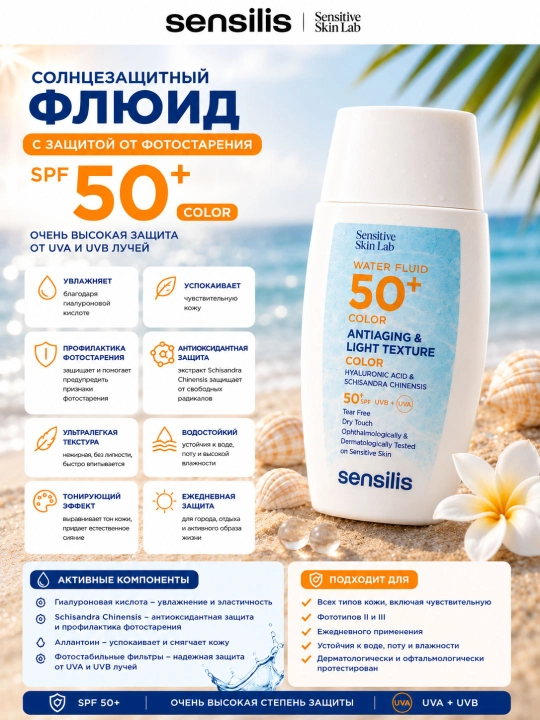 Солнцезащитный флюид для лица SPF 50+ Sensilis Water Fluid 50+ Color, 40 мл