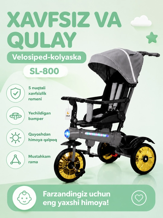Bolalar aravachasi uch g‘ildirakli velosiped, 2 tasi 1 da, SL922, 360° buriluvchi o‘rindiq