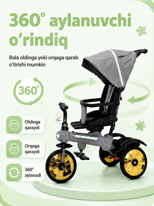 Bolalar aravachasi uch g‘ildirakli velosiped, 2 tasi 1 da, SL922, 360° buriluvchi o‘rindiq