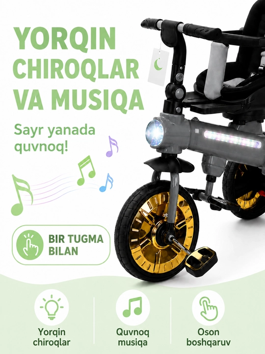 Bolalar aravachasi uch g‘ildirakli velosiped, 2 tasi 1 da, SL922, 360° buriluvchi o‘rindiq