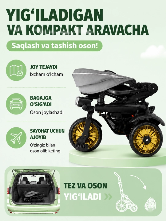 Bolalar aravachasi uch g‘ildirakli velosiped, 2 tasi 1 da, SL922, 360° buriluvchi o‘rindiq