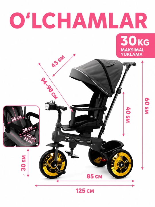 Bolalar aravachasi uch g‘ildirakli velosiped, 2 tasi 1 da, SL922, 360° buriluvchi o‘rindiq