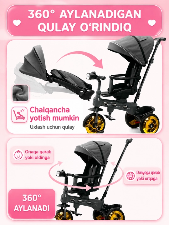 Bolalar aravachasi uch g‘ildirakli velosiped, 2 tasi 1 da, SL922, 360° buriluvchi o‘rindiq