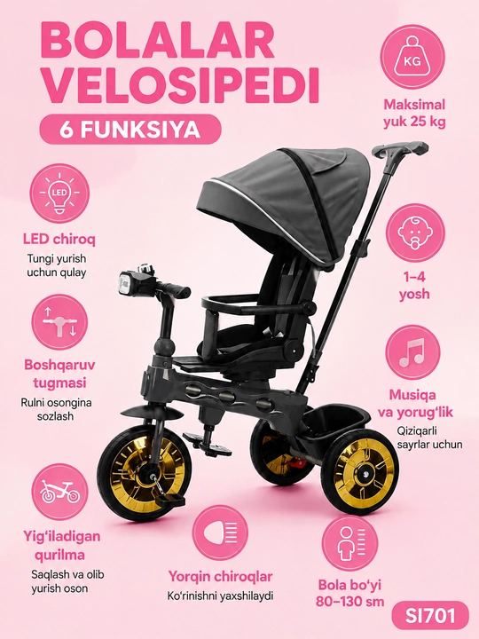 Bolalar aravachasi uch g‘ildirakli velosiped, 2 tasi 1 da, SL922, 360° buriluvchi o‘rindiq
