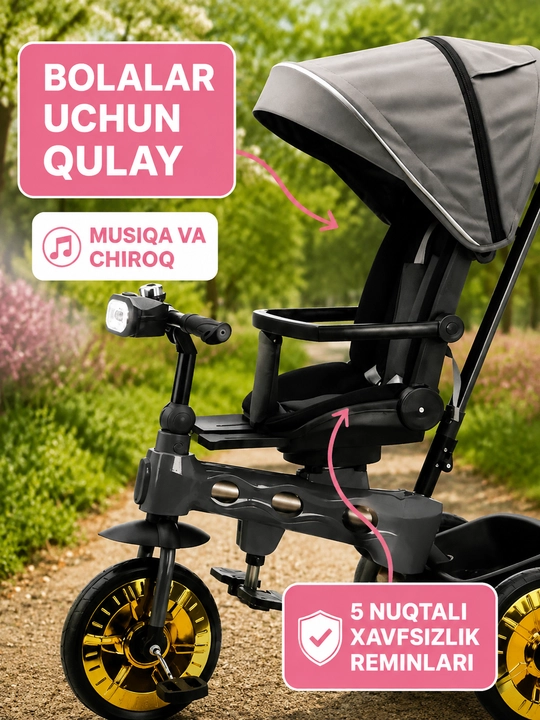 Bolalar aravachasi uch g‘ildirakli velosiped, 2 tasi 1 da, SL922, 360° buriluvchi o‘rindiq