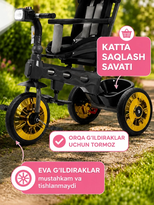 Bolalar aravachasi uch g‘ildirakli velosiped, 2 tasi 1 da, SL922, 360° buriluvchi o‘rindiq