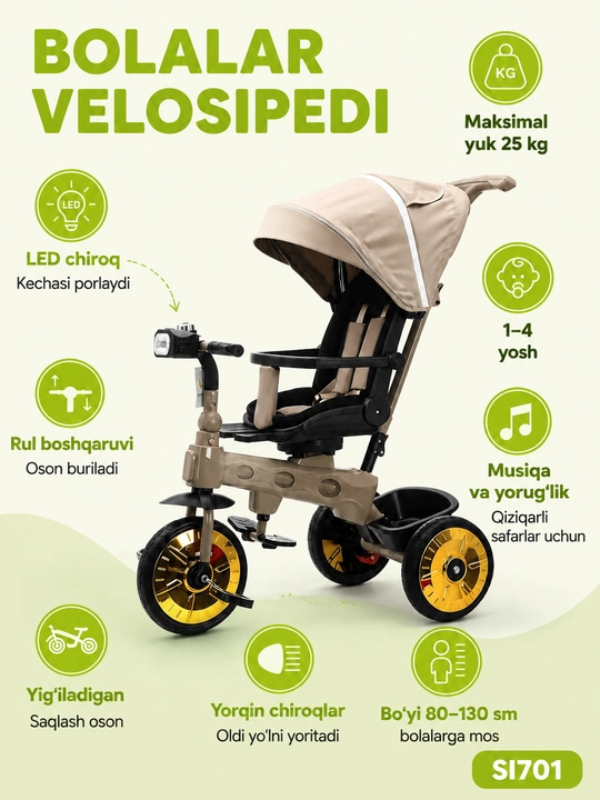 Bolalar aravachasi uch g‘ildirakli velosiped, 2 tasi 1 da, SL922, 360° buriluvchi o‘rindiq