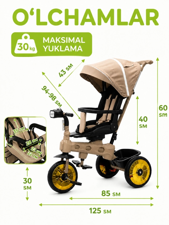 Bolalar aravachasi uch g‘ildirakli velosiped, 2 tasi 1 da, SL922, 360° buriluvchi o‘rindiq