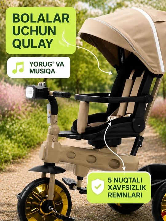 Bolalar aravachasi uch g‘ildirakli velosiped, 2 tasi 1 da, SL922, 360° buriluvchi o‘rindiq