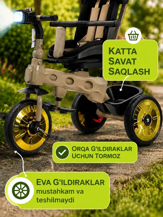 Bolalar aravachasi uch g‘ildirakli velosiped, 2 tasi 1 da, SL922, 360° buriluvchi o‘rindiq