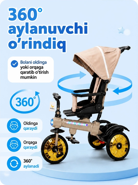 Bolalar aravachasi uch g‘ildirakli velosiped, 2 tasi 1 da, SL922, 360° buriluvchi o‘rindiq