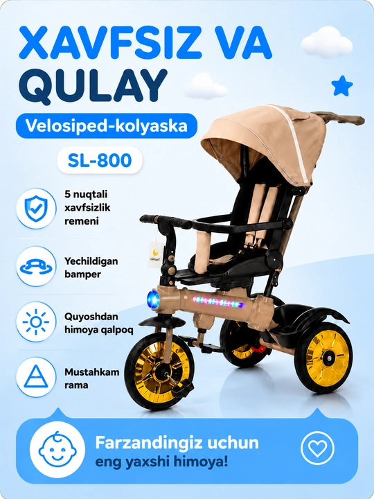 Bolalar aravachasi uch g‘ildirakli velosiped, 2 tasi 1 da, SL922, 360° buriluvchi o‘rindiq