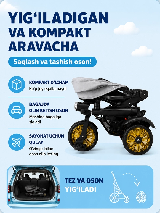 Bolalar aravachasi uch g‘ildirakli velosiped, 2 tasi 1 da, SL922, 360° buriluvchi o‘rindiq