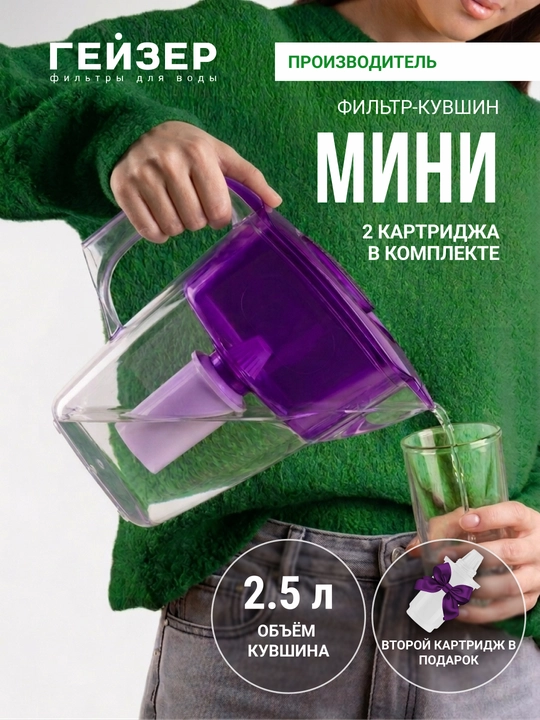 Фильтр - кувшин для воды, Гейзер Мини, с картриджем в комплекте, 2.5 л