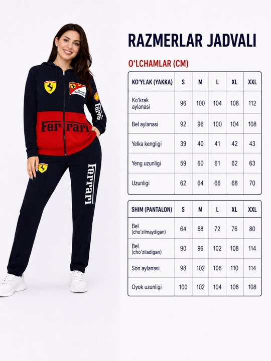 Ayollar sport kostyumi, kapyushonli, ikkilik to‘q ko‘k, qizil, kundalik