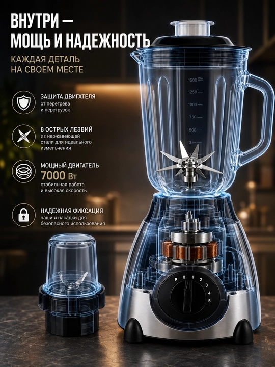 Blender, statsionar blender, oshxona blenderi, 7000 Vt blender, 1.5 litr blender, 8 pichoq
