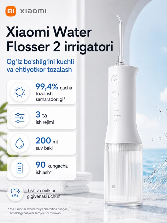 Ирригатор Xiaomi Flusher 2, для чистки зубов и брекетов, портативный, с насадками