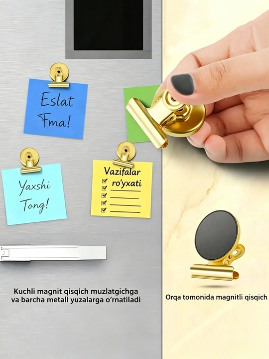 Oltin rang magnit qisqichlar 10 dona, metall magnit qisqichlar, hujjat va eslatmalar uchun