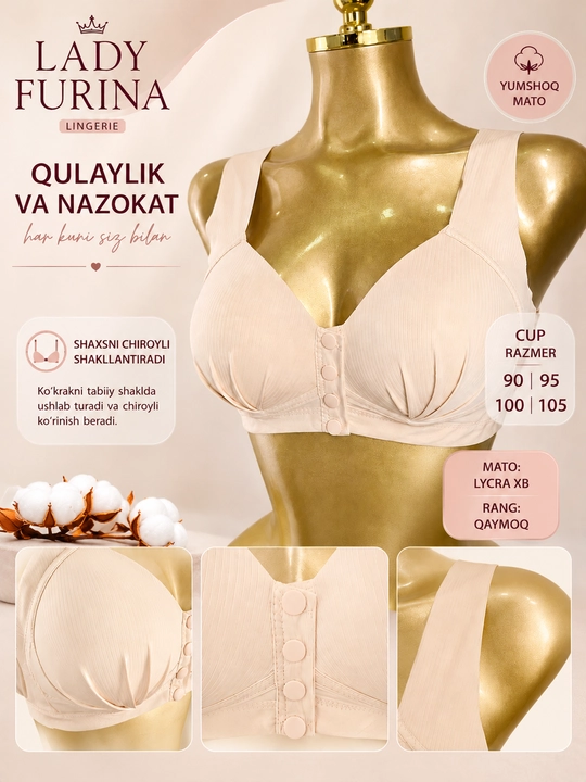 Ayollar uchun oldi tugmali yumshoq byustgalter, katta hajm, 90–105 - 