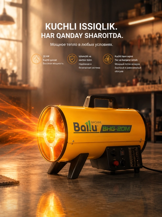 Ballu BHG-20M gazli qurilish isitish pechkasi, 20 kW, sanoat issiqlik qurilmasi